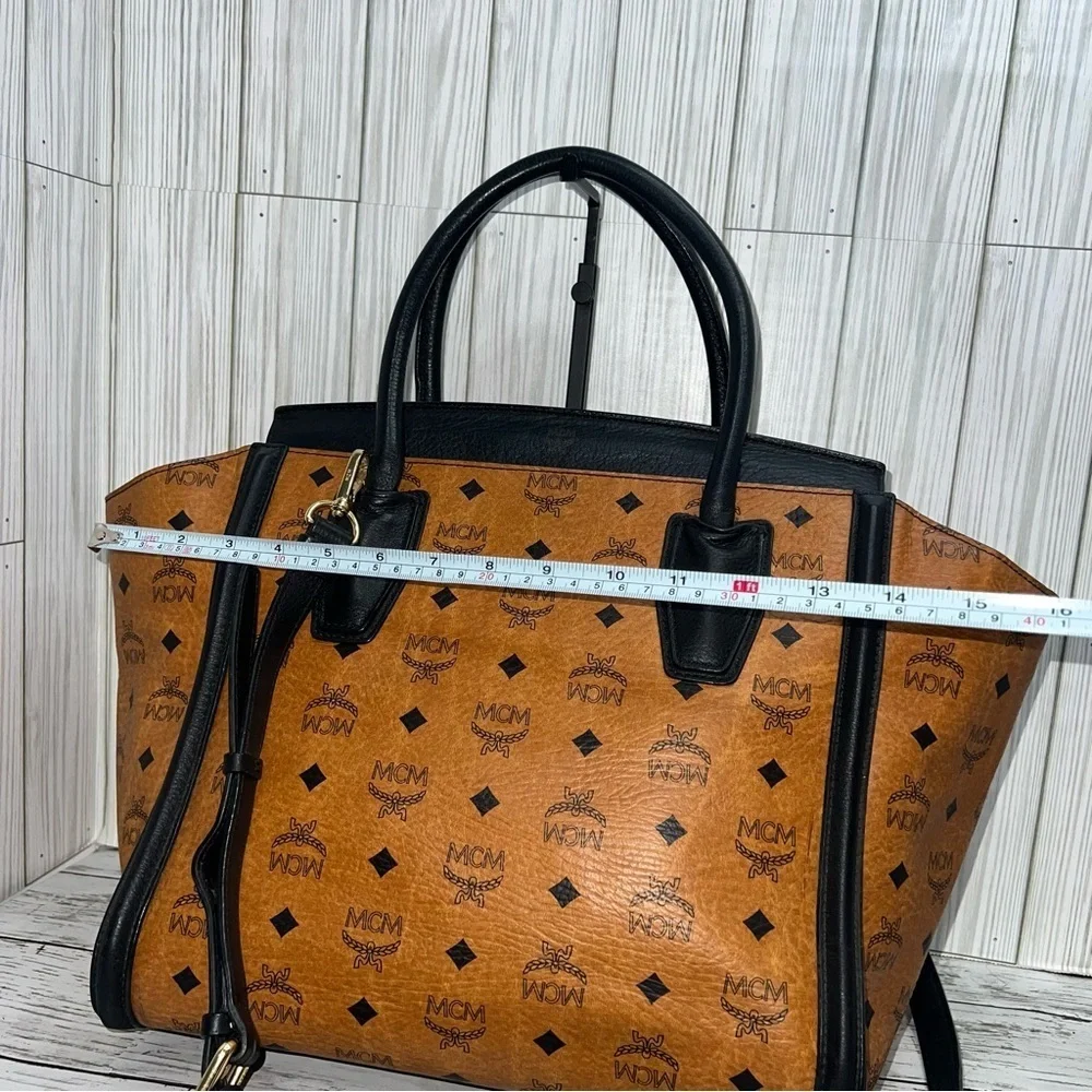 MCM Vintage Cognac Visetos Tote Bag Black Leather Trim Satchel Handbag
